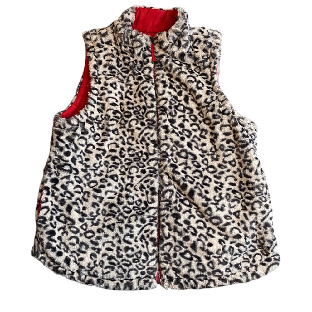 Maurice's Women's XL Faux Fur Reversible Puffer Vest Cheetah Print Red Mob Wife